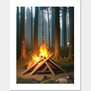 campfire in the woods Posters and Art